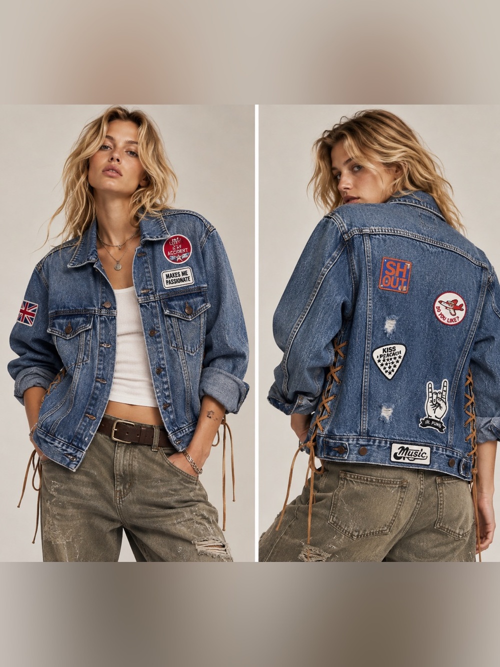 New! MOUSSY Patchwork Lace-Up Distressed Denim Jacket Punk Moto Oversized 💙 M